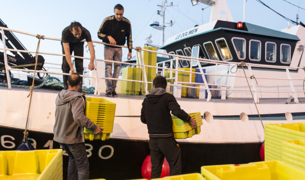 Pêcheurs portant des caisses sur leur bateau